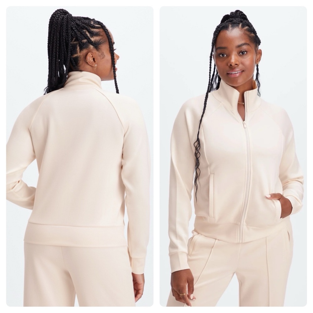 NEW Fabletics Plush Interlock Full-Zip Jacket Mock Neck in Oats (Cream) 3X Plus